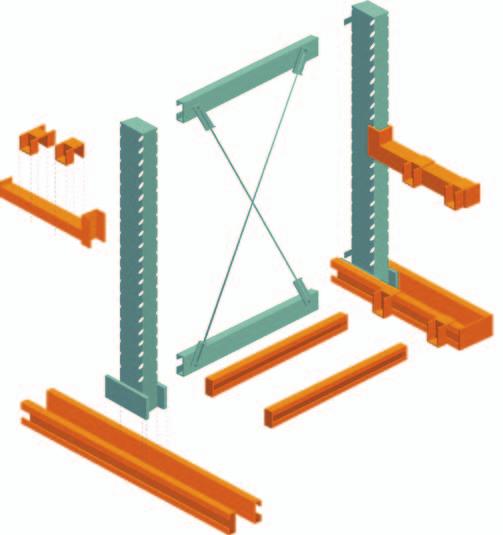 Components for Roll Formed Cantilever The core components of the vista green Interlake Mecalux Roll Formed Cantilever system include uprights mounted to base channels and braced securely together,