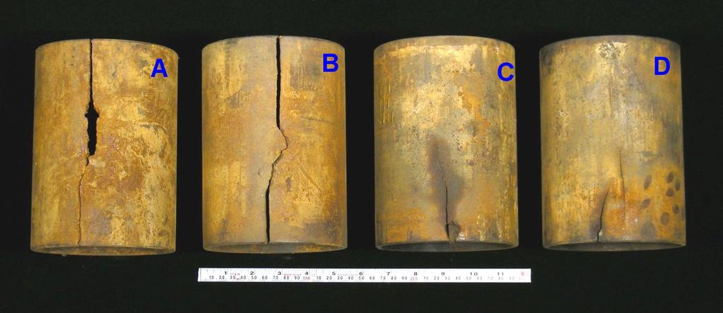 Figure 1 Four cracked couplings from a single casing string. Common Characteristics of Grade P110 Coupling Failures Coupling failures generally occur as longitudinal splits or cracks in the couplings.