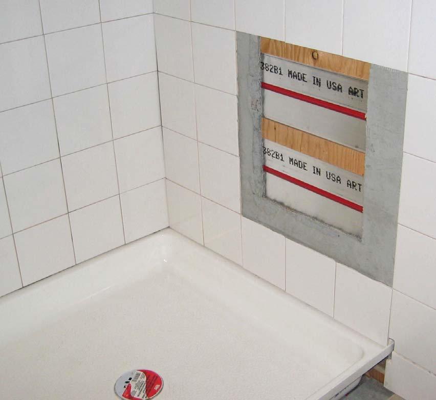 WALLS AND CEILINGS INSTALLED IN A WALL SURROUNDING A SHOWER Sample cutaway wall: - 1/4 thick tileboard board installed directly over RAUPANEL at 8 o-c spacing -