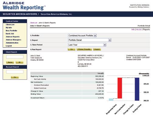 COMPREHENSIVE WEALTH MANAGEMENT Use account aggregation through Securities America s planning tools or Albridge Wealth Reporting, in conjunction with CashEdge, to analyze and report on your client s