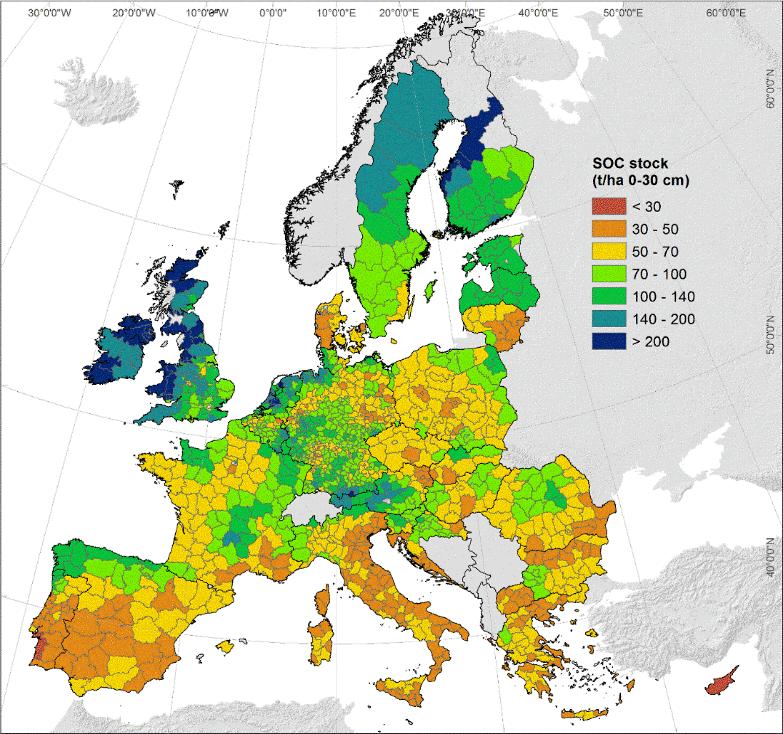 Organic carbon (SOC) in European agricultural soils (model) Source: