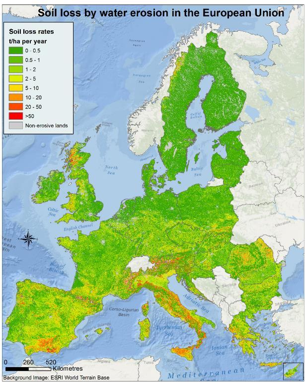 Soil erosion by water (model) Average rate of soil loss by water erosion in EU28: 2.4 t/ha/year (data 2012) 6.