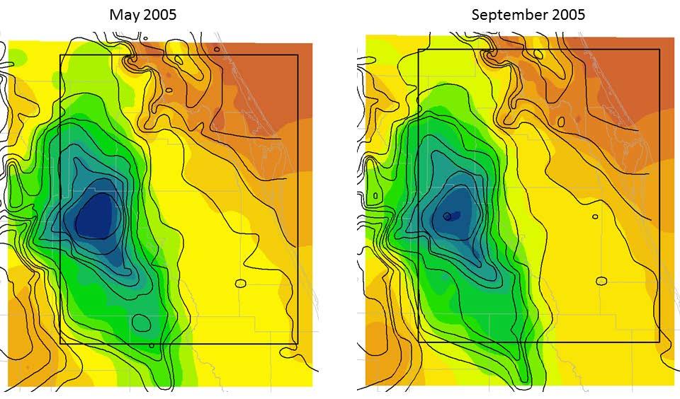 Figure 28. 2005 May/September comparison of HAT-generated potentiometric surfaces (color ramp) to USGS potentiometric surfaces (contour lines).