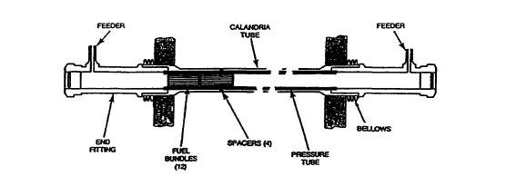 Figure 1: Schematic illustration of one of the fuel channels located in a CANDU reactor core The pressure tube acts as a horizontal beam supported at each end by its attachment to end fittings and at