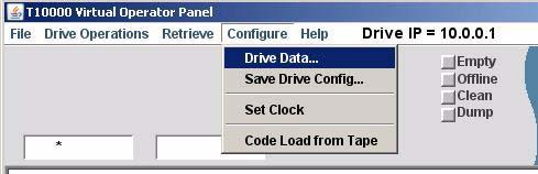 Using VOP Menus and Controls Drive Data The Drive Data command (FIGURE 3-36) allows you to change configuration settings. FIGURE 3-36 Configure > Drive Data 1. Choose Drive Data.