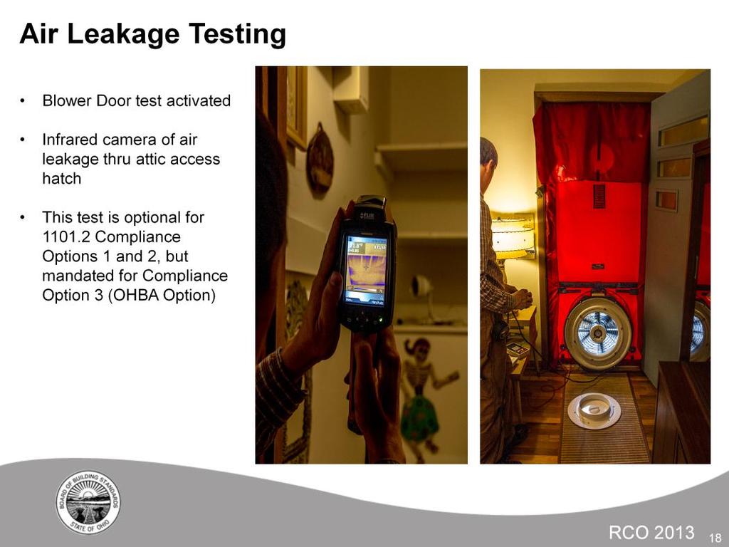 This slide shows a Blower Door Test assembly with an infrared camera showing air leakage.