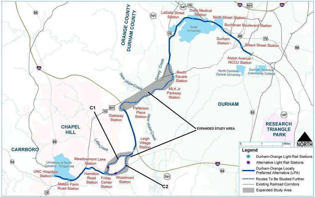 On February 8, 2012, the Durham-Chapel Hill- Carrboro Metropolitan Planning Organization (DCHC MPO) adopted Light Rail Transit (LRT) on an alignment between the University of North Carolina (UNC)