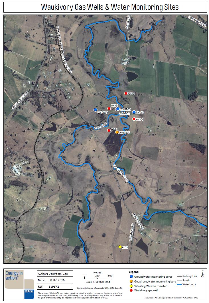 Figure 1: Location of groundwater and surface water quality monitoring points: Waukivory Pilot Program