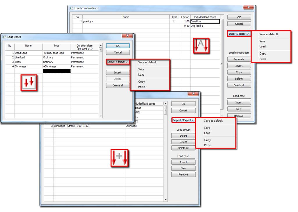 2.3. Import / Export of load cases, load groups and load combinations Load cases, Load groups