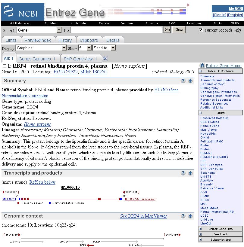Entrez Gene (top of page) Note that links to many other