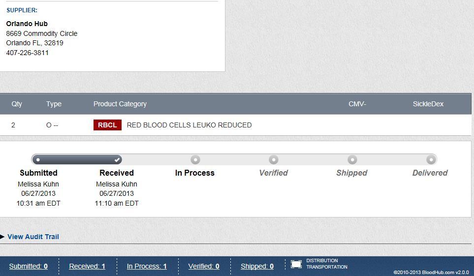 Order in Received Status *Hospital can not cancel or edit order, will have to contact