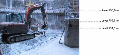 Picture 5. Removal of ground at the bottom of the shaft. Picture 7. Shotcrete projected in Sector 5.