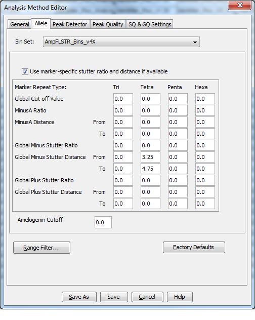 5.1.7.4 Marker-specific stutter filter percentages for Identifiler Plus are listed below. Locus % Stutter D8S1179 10.3155 D21S11 10.6714 D7S820 9.6926 CSF1PO 9.