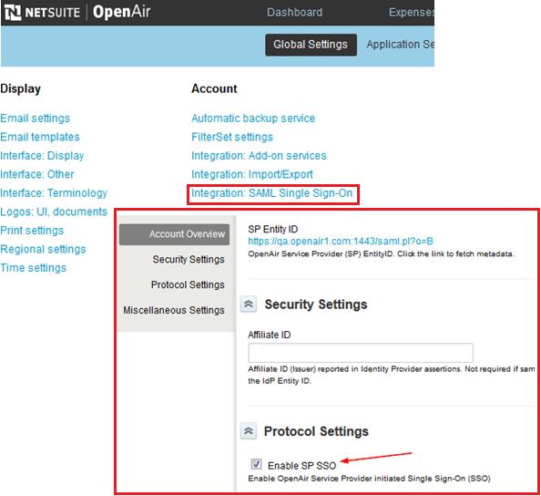 References 39 Administration To enable single-sign on: Navigate to Administration > Integration: SAML Single Sign-On Note: To enable this feature, please contact NetSuite OpenAir Support and request