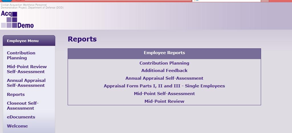 Contribution Planning Report Employee Click Reports from the navigation bar. CAS2Net refreshes the screen to display the Employee Reports list.