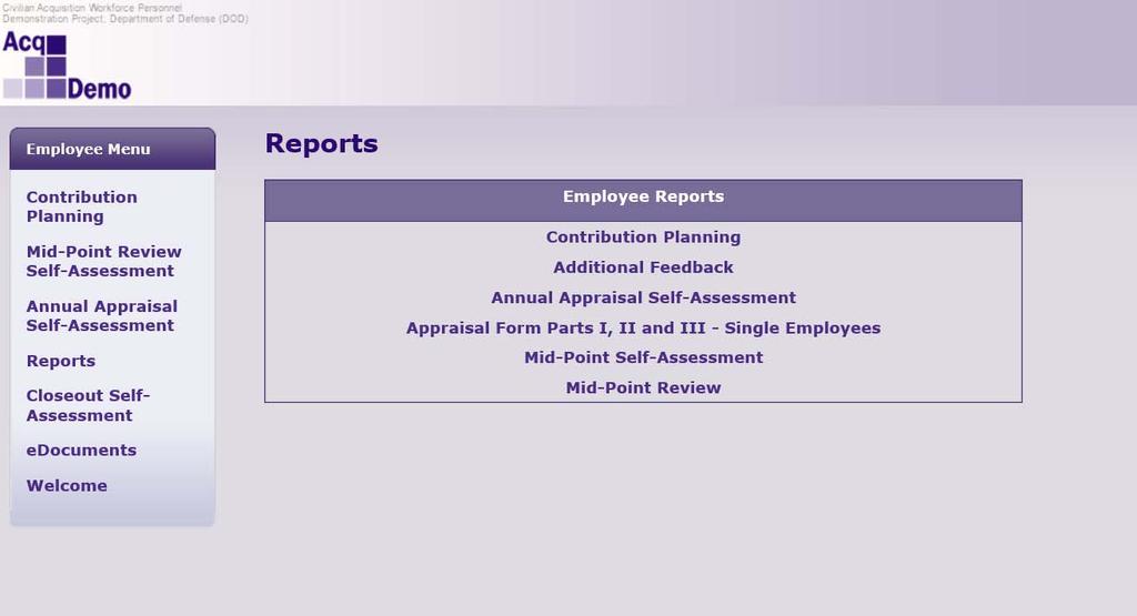 Additional Feedback Report Employee Click Reports from the navigation bar; CAS2Net refreshes the screen to display the Employee Reports list.