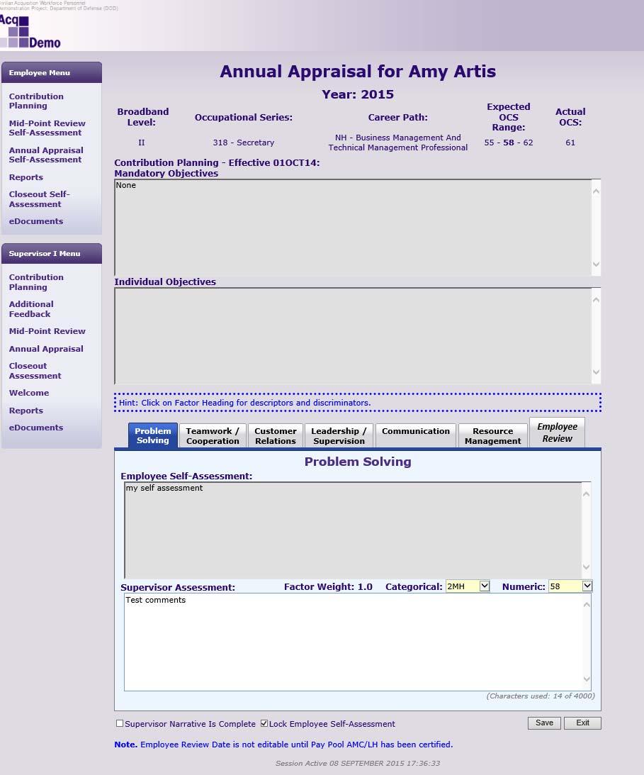 Supervisor Annual Assessment Screen Note header information and Contribution Plan at the top.