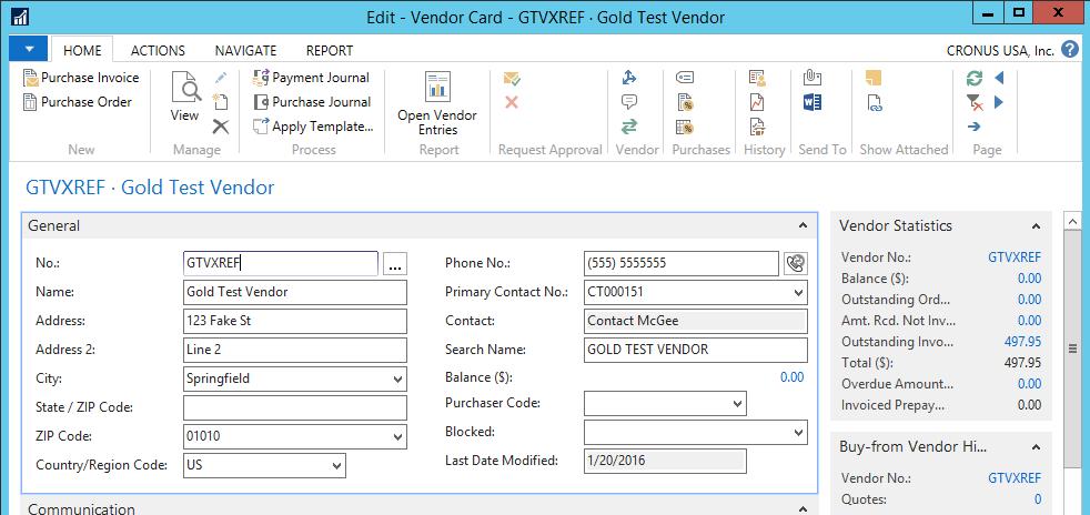 Vendors Companies flagged as Vendors in Manage are mapped to Vendors in Dynamics NAV.