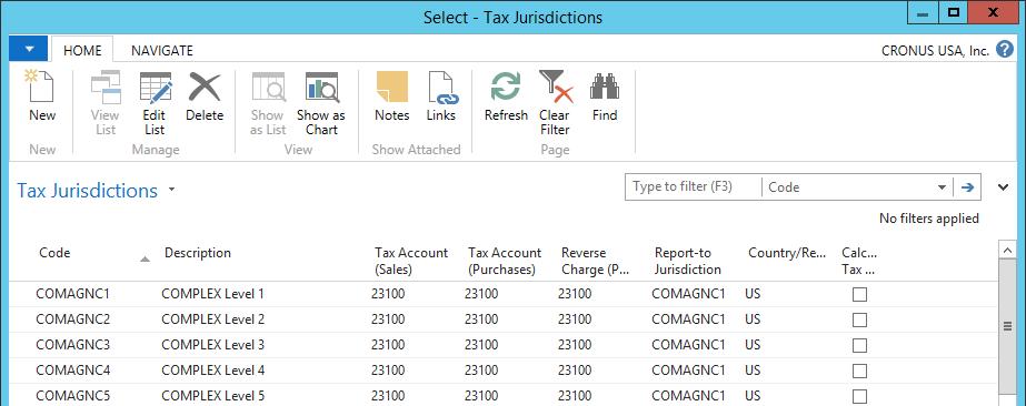 Create a Tax Jurisdiction for each Tax Level in Manage mapping the Manage Tax Agency Xref to the Dynamics NAV Tax Jurisdiction Code. Note the Tax Account (Sales) column.