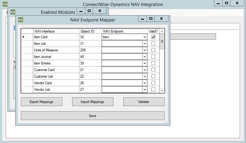 As you populate the NAV Endpoint mappings, validation logic will run and check off the Valid? checkbox for each row. If a row does not check the Valid?