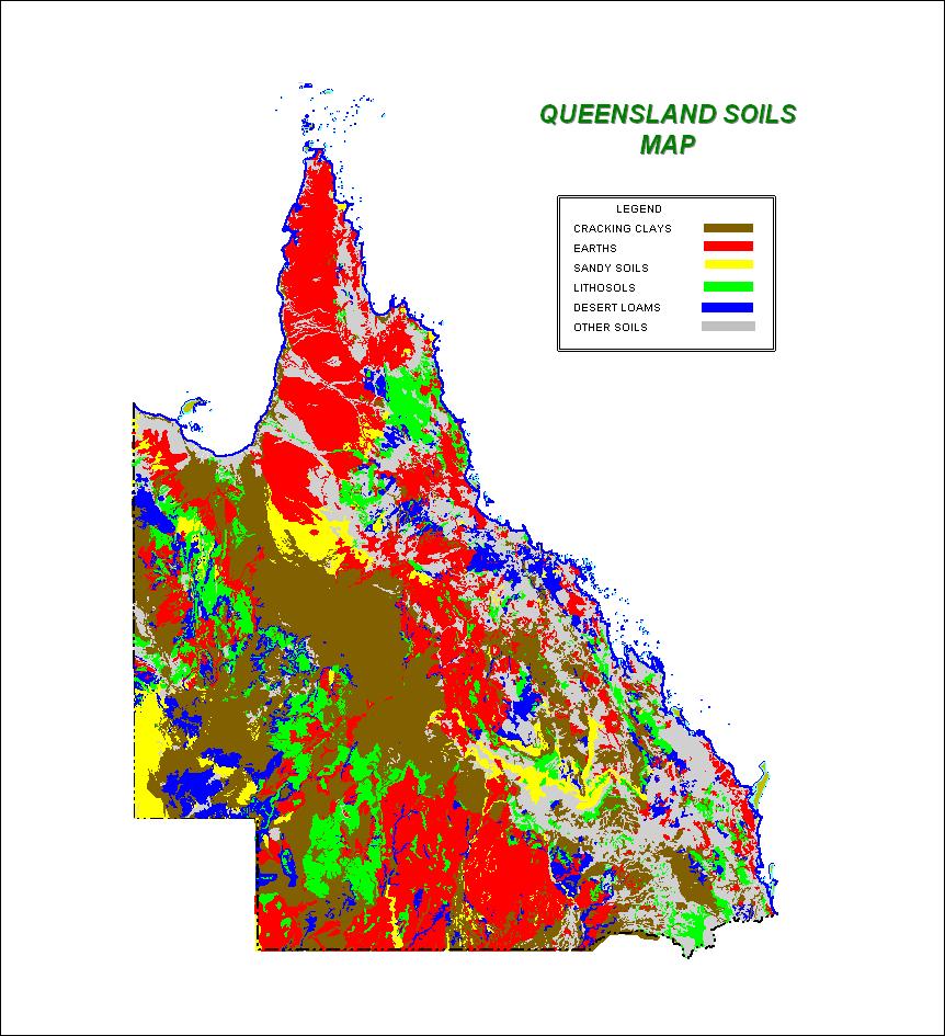 Figure 1 - Distribution of Cracking Clays within Queensland (Main Roads 2000) Whilst there is a body of data and published information on some of the relationships between certain material