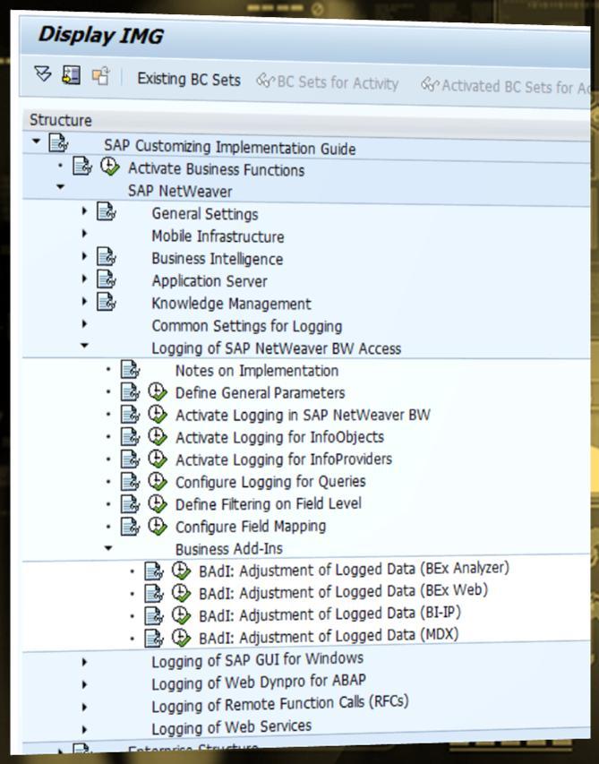 Sample screen shots: Configuration Overview: IMG structure for UI logging Under node for SAP NetWeaver One node for common settings (relevant for all subscribed UIL channels) One node for each of the