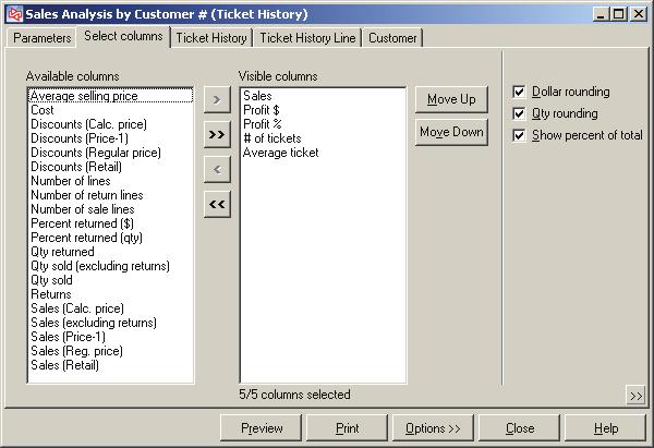 Use the standard columns, or select to print up to eleven analysis columns from a list that includes sales, cost, profit,