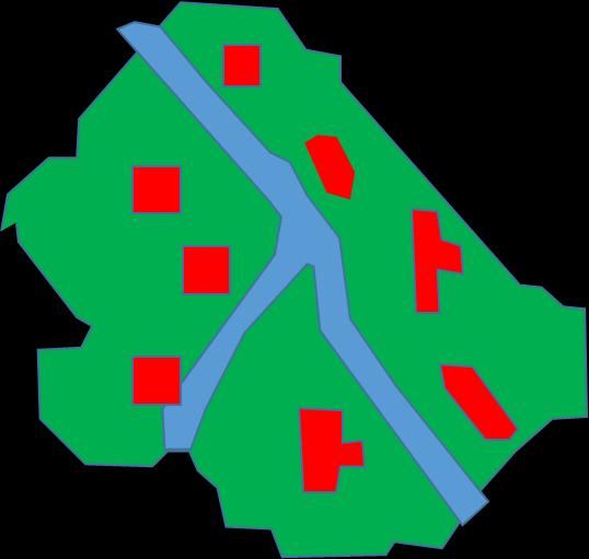 Catchment with impervious connected areas (houses and roads) and green (not connected) areas 2D raster representation