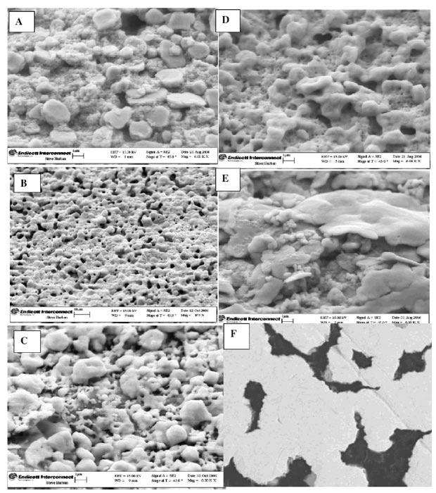 Figure 3 SEM micrographs for the polymer nano-micro-composite filled silver based conducting adhesives; (A) un-sintered at 200 C, (B)-(D) sintered at (275 +10) C, (E) un-sintered at 300 C, and (F)