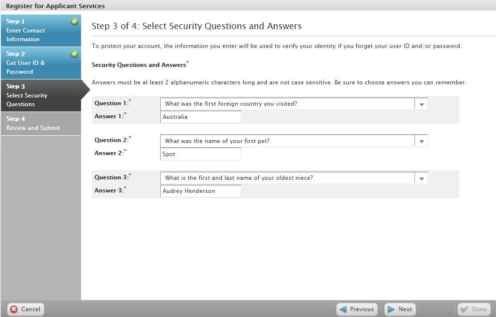 MODULE 3: TRACKING APPLICANTS Step 3: Select Security Questions and Answers The applicant selects three security