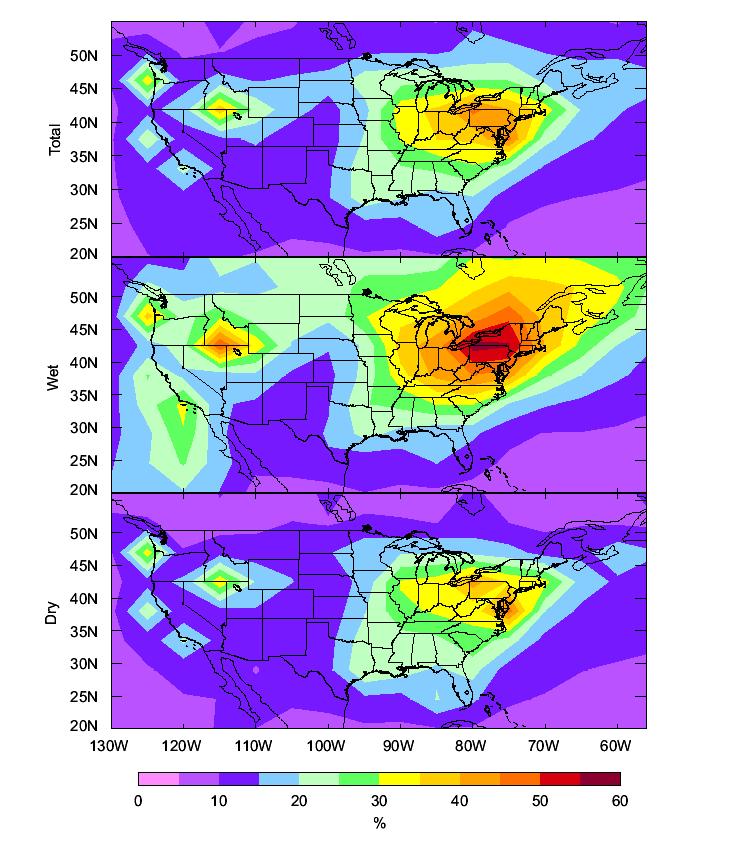 GEOS-Chem modeled contributions of North American Hg emission sources to wet and dry deposition of Hg. From Selin and Jacobs, Atmospheric Environ., 2008. 1. Wet contributions between 10 and 15%. 2. Dry contributions between 15 and 20%.