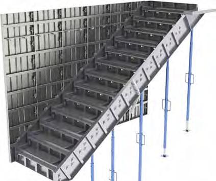 Stair forms are designed to allow walls and stairs to be poured simultaneously. The stair forms are completed with a step cover to allow for even faster pouring.