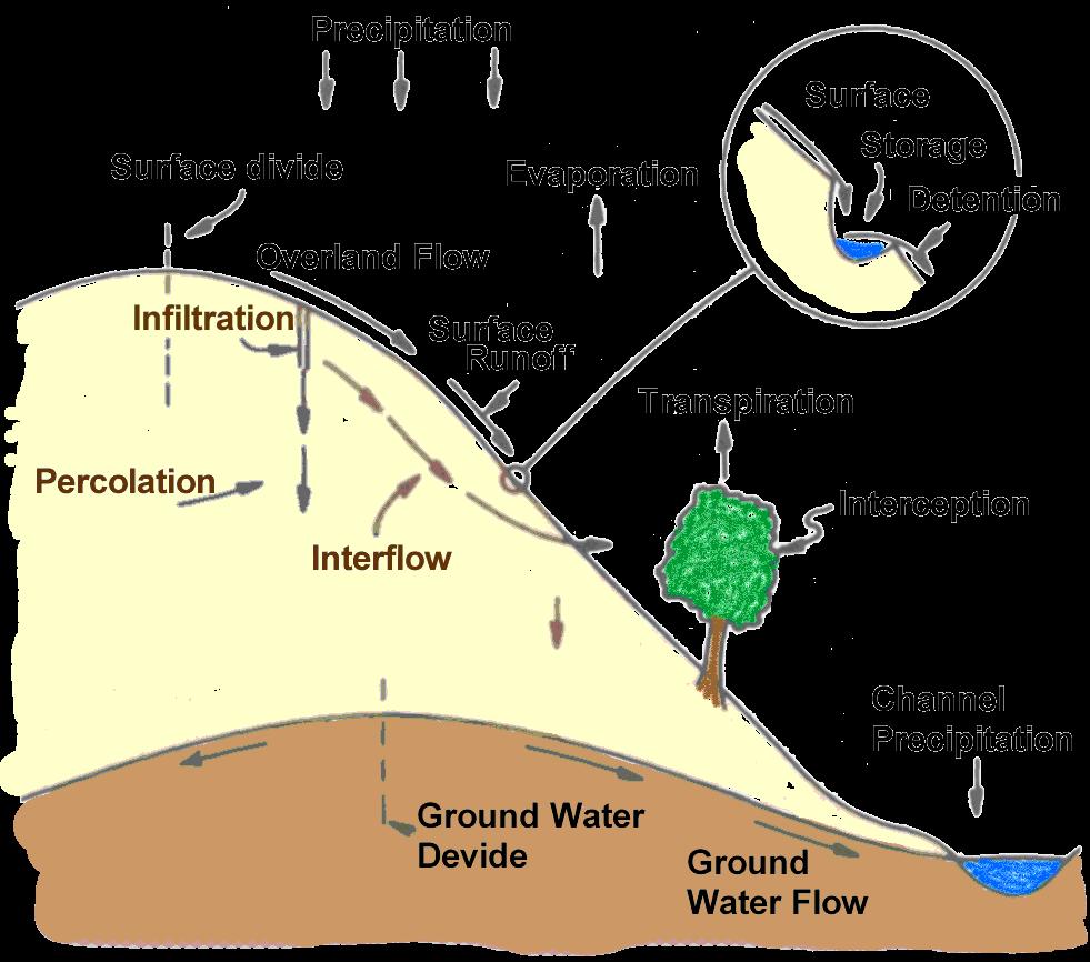 Figure 2-1 Different routes of runoff Another route for the infiltrated water is to undergo deep percolation and reach the ground water storage in the soil.