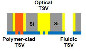 The optical TSVs help provide ultra-high bandwidth of communication among different silicon interposers and the fluidic TSVs help transfer the coolant through the silicon interposer to the top chips