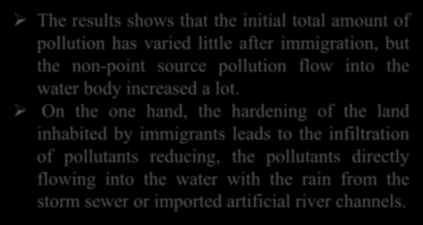 Part 3 The results The results shows that the initial total amount of pollution has varied little after immigration, but the non-point source pollution flow into the water body increased a lot.