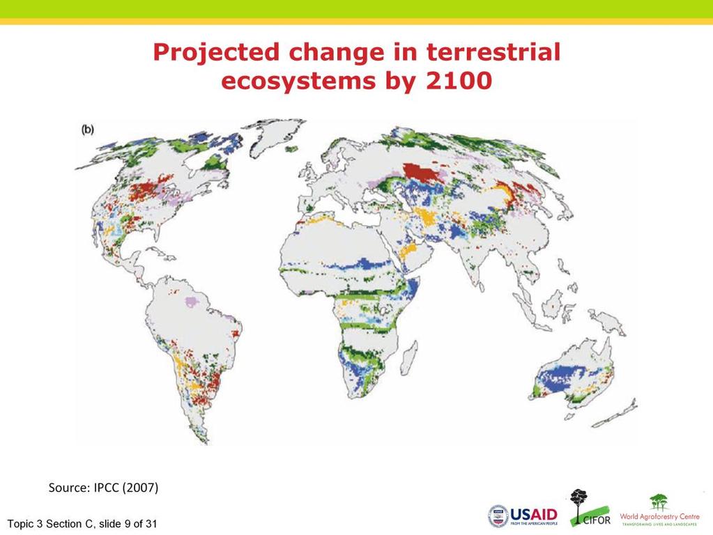 Narration: This figure shows the projected changes in terrestrial ecosystems by 2100 relative to 2000 as simulated by global vegetation models.
