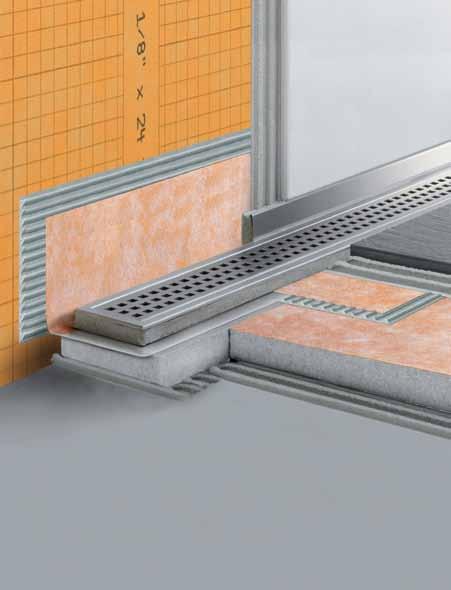 KERDI-LINE components 4 1 Channel body and support Formed stainless steel channel body with 2" no-hub outlet (coupling included) Channel body is available with either center or off-set drain outlet