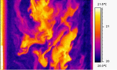 Figure 2 Example thermal image of a flow seeded with hot water Sequences of images gathered with the infrared camera were converted into individual files that store the temperature distribution as an