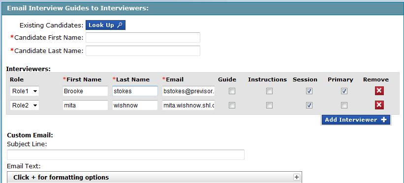 Existing candidates can be searched by first name, last name or external code. 6. Select roles and assign interviewers.