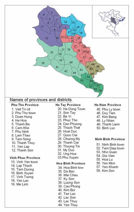 Crop Production in Six Selected Provinces of northern Vietnam The six provinces selected for the study were Phu Tho, Vinh Phuc, Ha Tay, Hoa Binh, Ha Nam and Ninh Binh.
