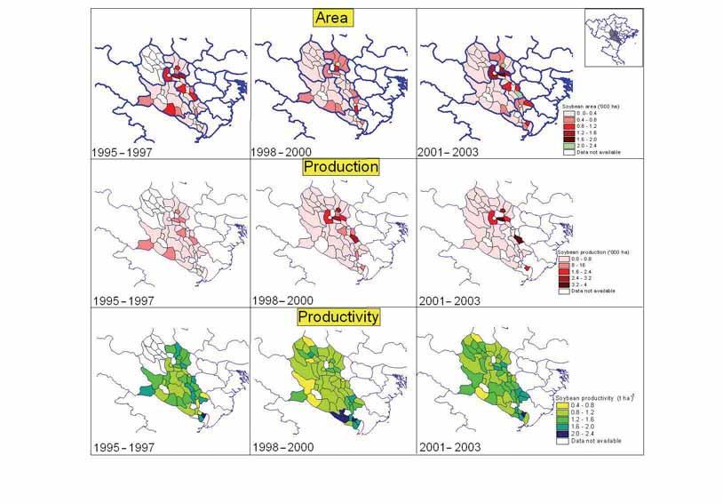 Figure 12. District-wise changes in area, production and productivity of soybean in selected provinces of northern Vietnam. the six benchmark locations, which ranged from 1.8 to 2.