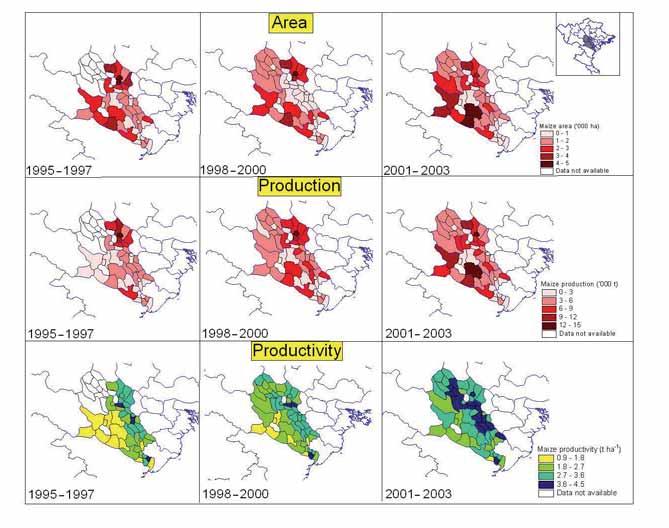 Figure 16. District-wise changes in area, production and productivity of maize in different provinces in northern Vietnam.