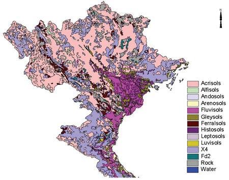Figure 3. Soils of northern Vietnam. Soils accumulate iron and aluminum to form laterite. Mineralization is rapid, and organic substances quickly break down, resulting in low humus content.