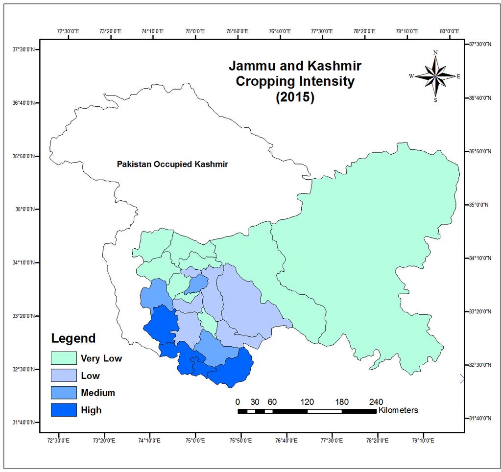 intensity is found in Kupwara (100.2), Shopian (102.3), Leh (104.0), Bandipora (104.5), Kargil (108.88), Baramulla (105.1) and Kargil (108.3). The variation in cropping intensity is because of differential climatic regimes found in Jammu, Kashmir and Ladakh.