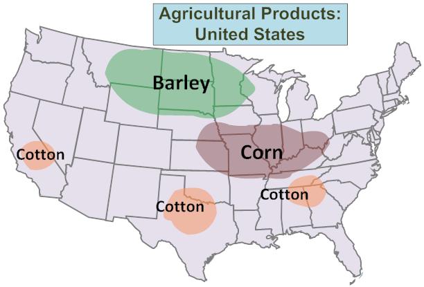 The map above shows where different crops are grown in the United States. The area that is shaded green is where many farmers grow barley. This area is located in the Great Plains.