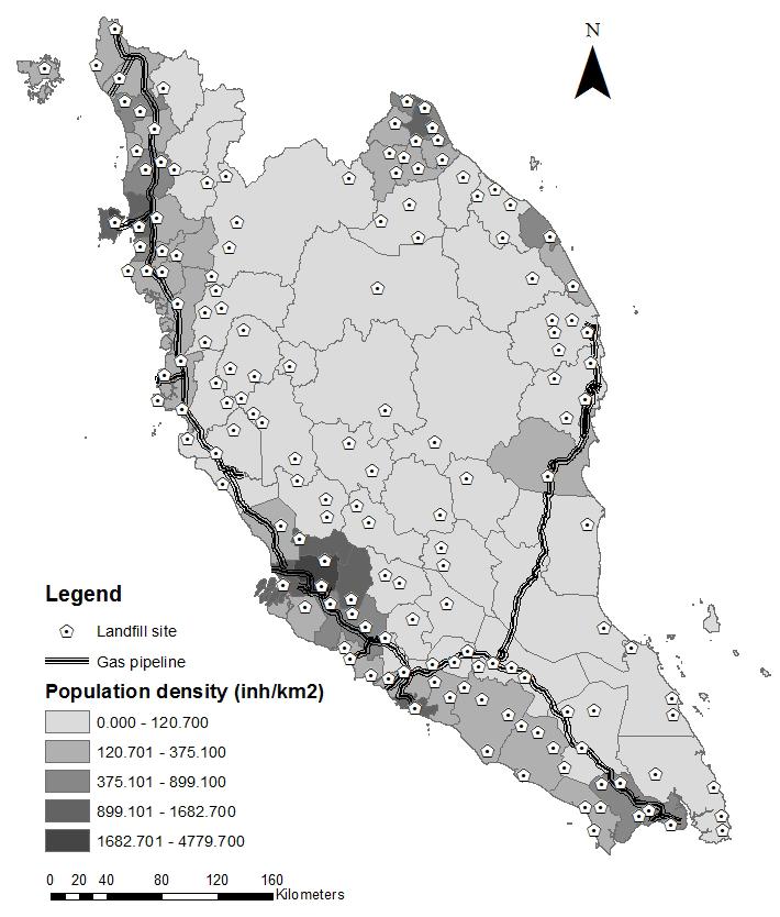 As observed in Figure 2, there are higher population density at central and southern region of Peninsular Malaysia, which indicate higher food waste production.