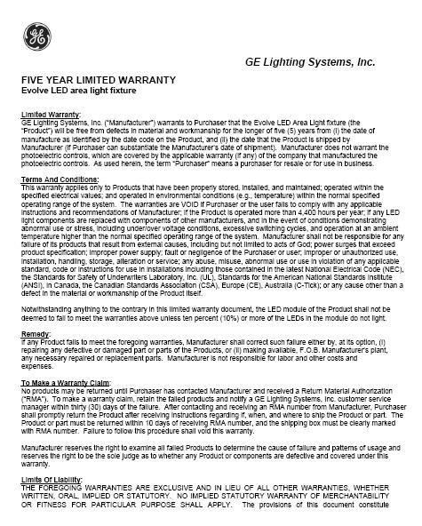 Warranty Evolve TM LED All Evolve