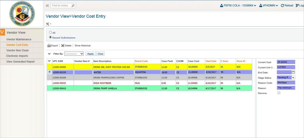 Vendor Cost Entry Allows entering item cost information or to review