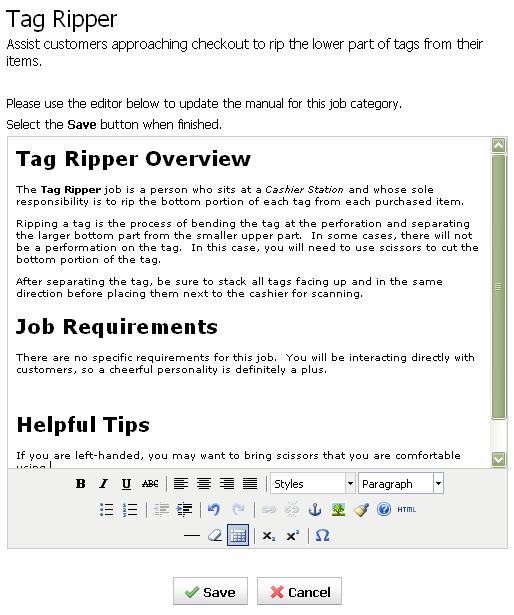 6.7.3.1 Edit the Manual of a Job Category Selecting the Edit Manual button will open a popup window with a rich text editor that allows you to edit the Manual for the Job Category.