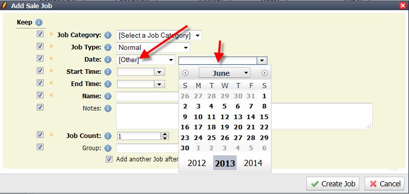 Selecting a Job Category for a new Job After selecting the Job Category for the new Job, select a Date, Start Time and End Time for the Job, all by clicking on the fields.